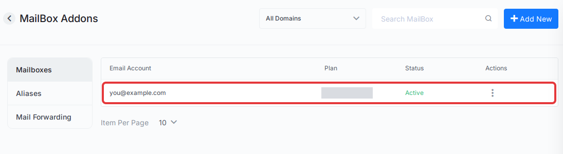 Click the mailbox address under Addons → MailBox → Mailboxes