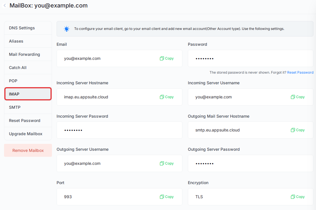 Click the IMAP tab on the mailbox page