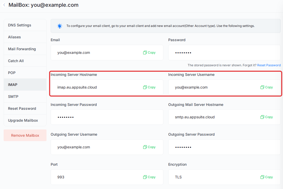 Copy the Incoming Server Hostname and Incoming Server Username from the IMAP tab