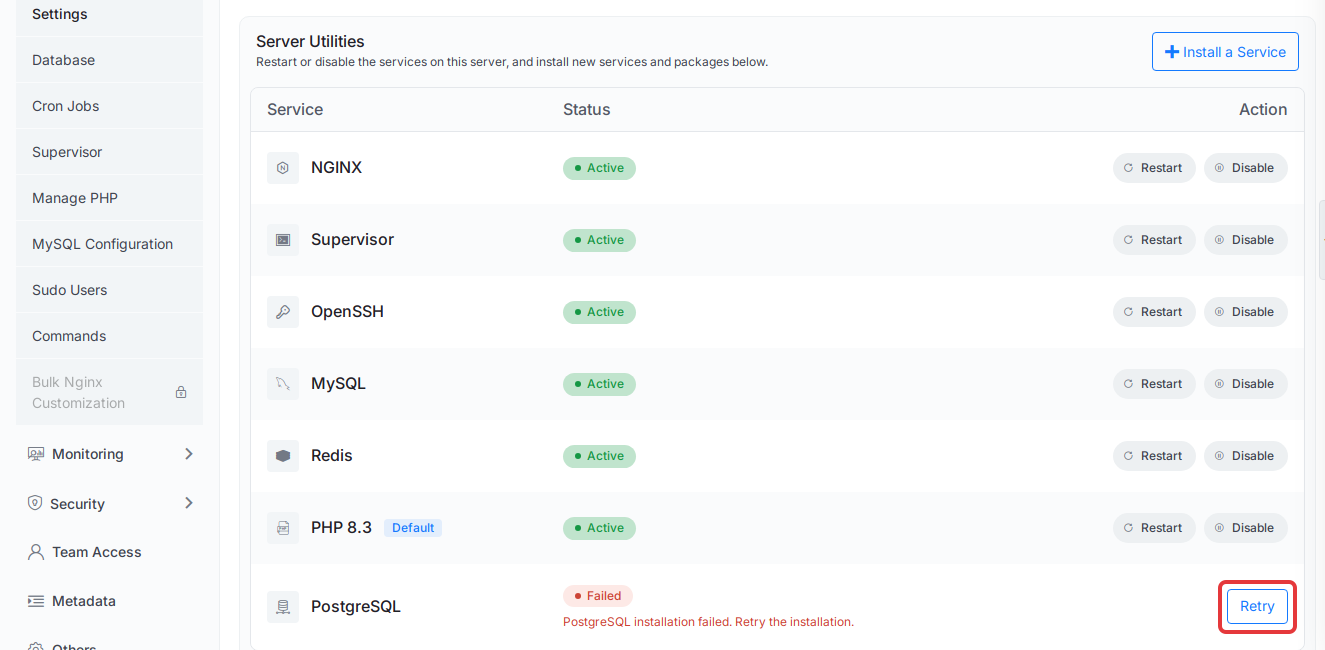 Click ‘Retry’ on a failed PostgreSQL row in Server Utilities
