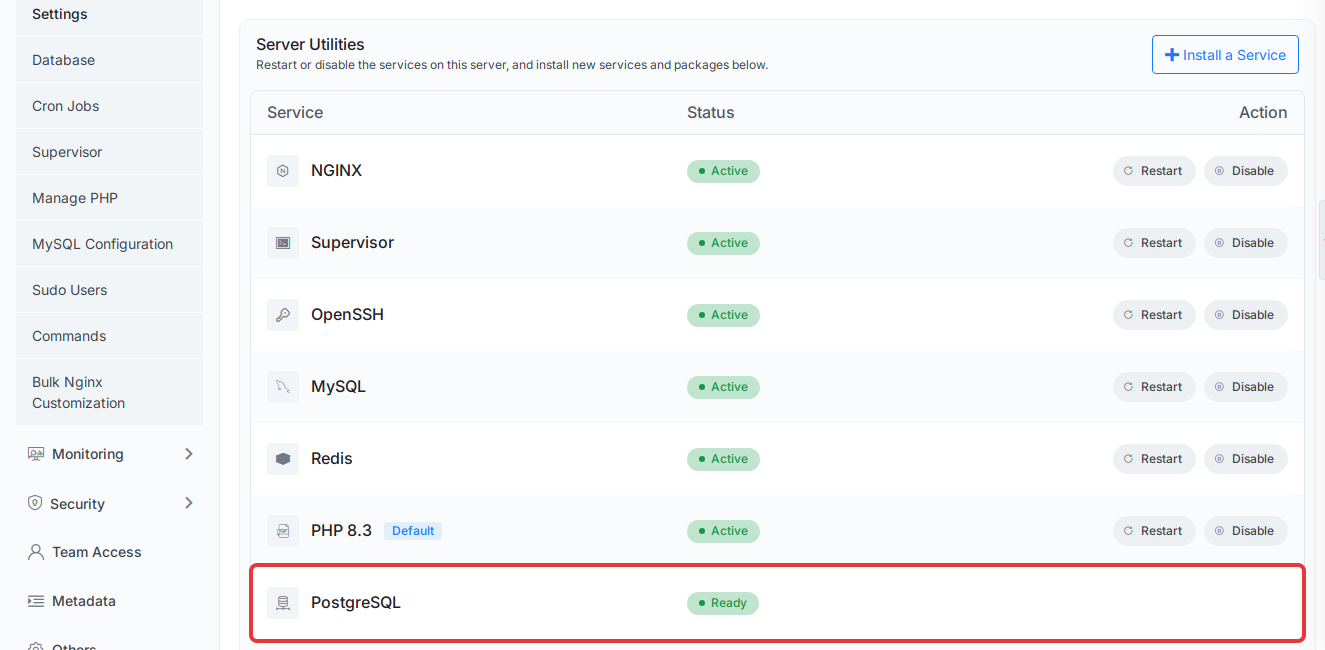 The PostgreSQL row shows ‘Ready’ in Server Utilities