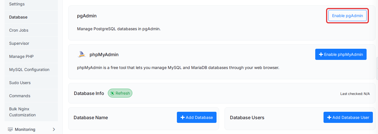 Click ‘Enable pgAdmin’ on the pgAdmin card in Management → Database