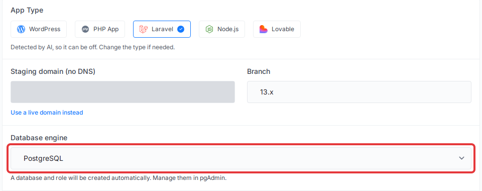 Set ‘Database engine’ to ‘PostgreSQL’ in the Deploy via Git site form