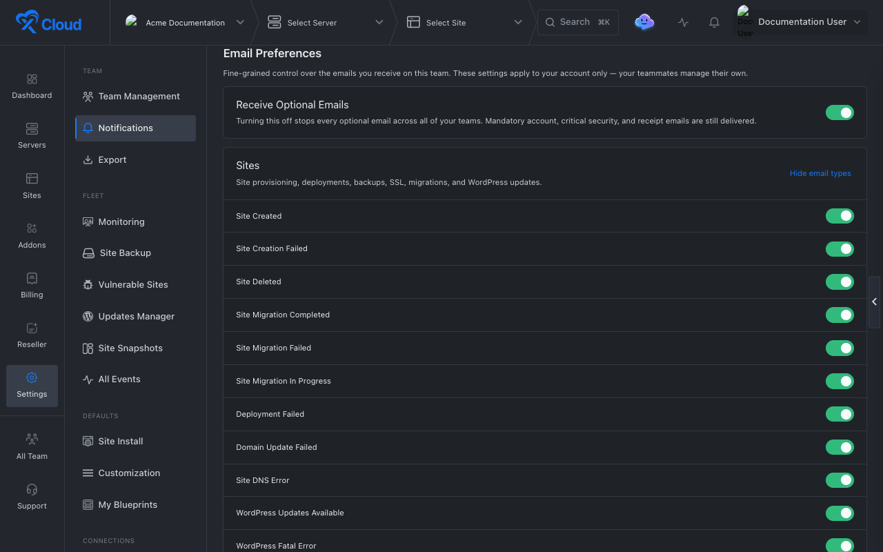 The Sites category expanded, showing a switch for each email type.