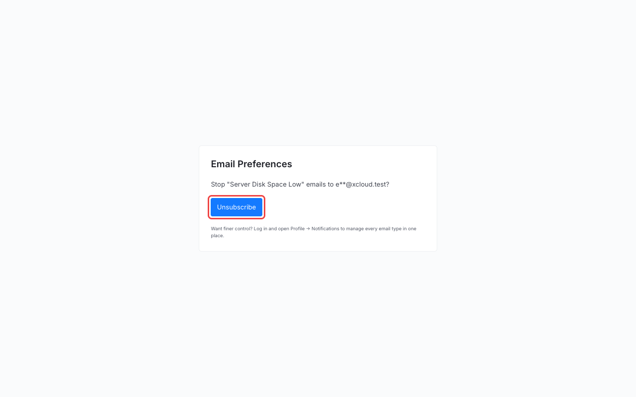 The Email Preferences page opened from an email, asking whether to stop Server Disk Space Low emails, with the Unsubscribe button highlighted.
