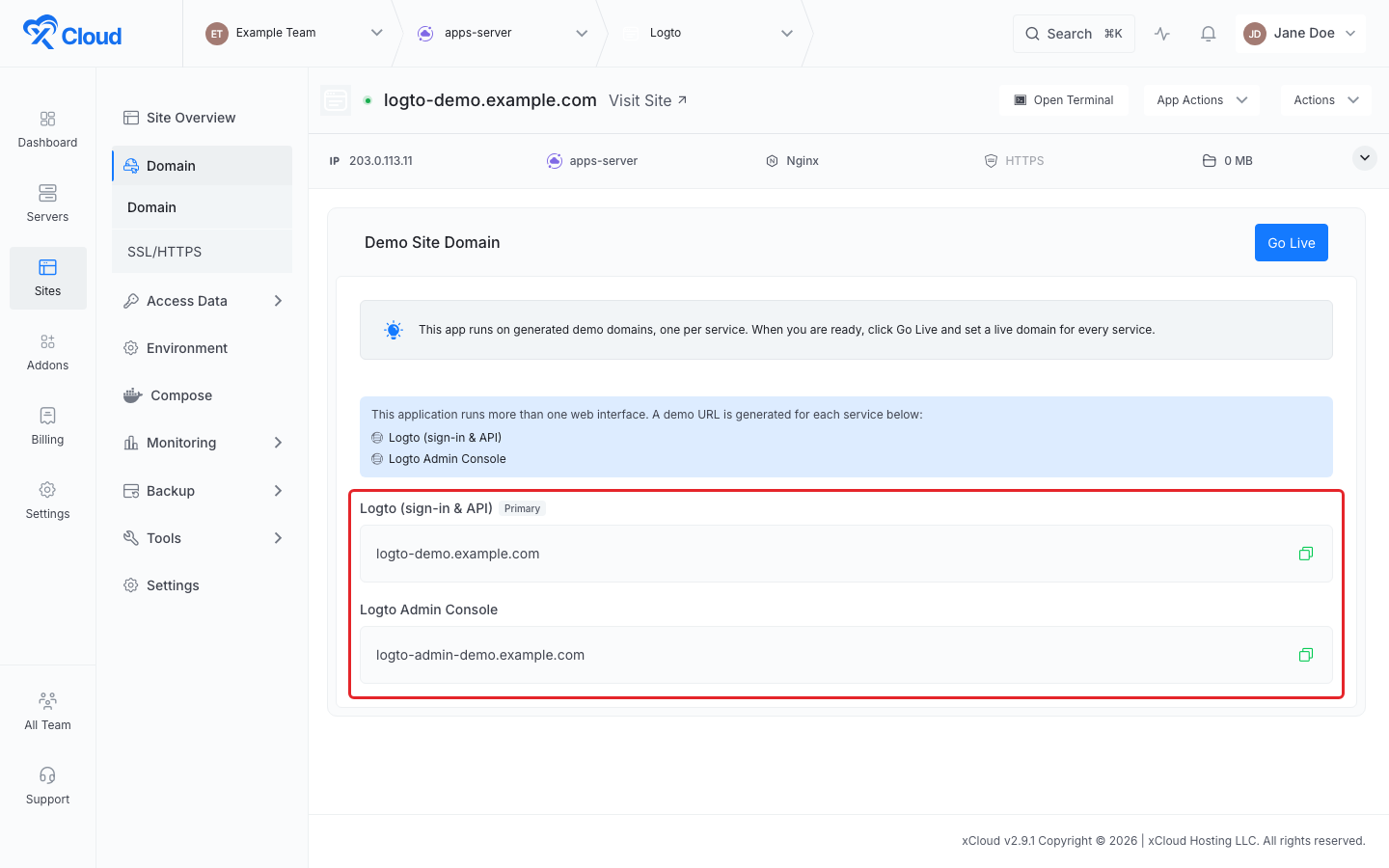 Domain page of an xCloud One Click App with one demo domain per web interface