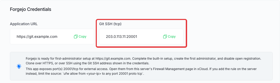 Credentials card of an xCloud One Click App listing a public TCP endpoint