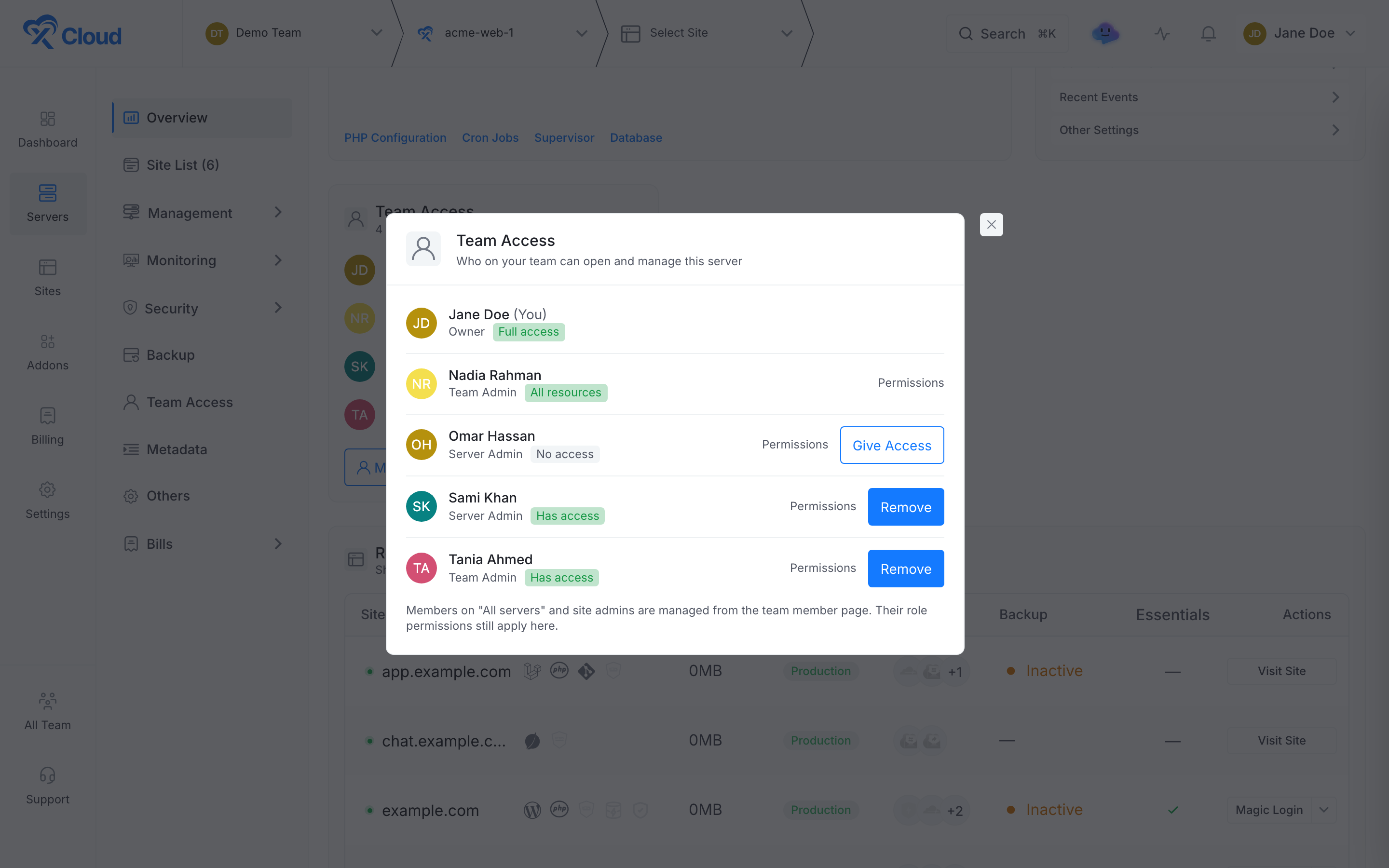 The Manage Access list with Give Access, Remove and Permissions