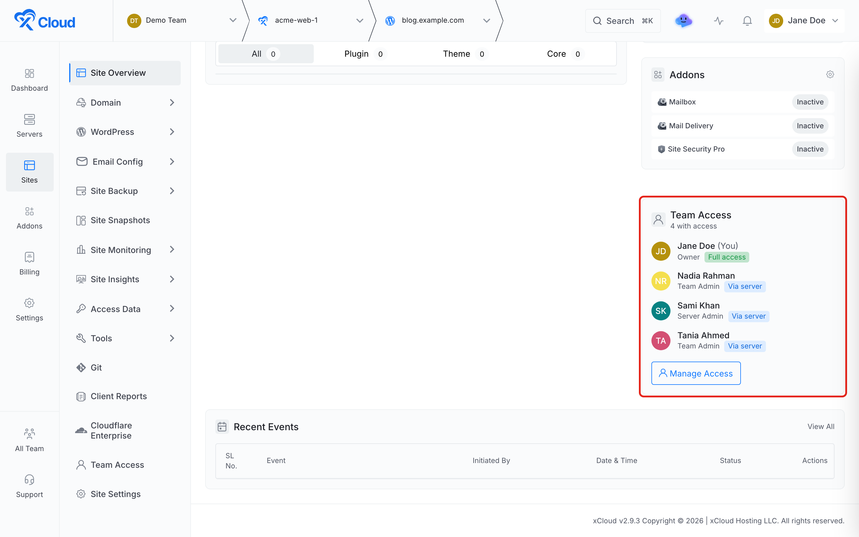 The Team Access card on a site overview with members who reach it via the server