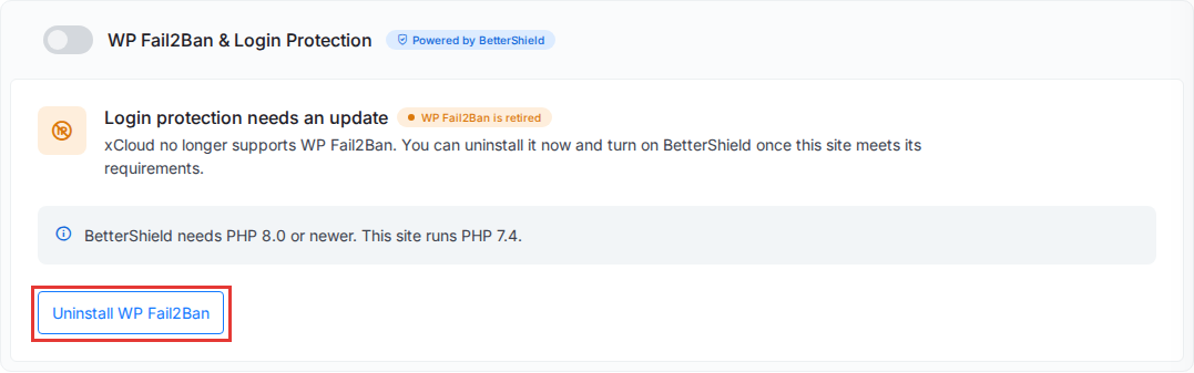 The WP Fail2Ban & Login Protection card showing Login protection needs an update, the reason and the Uninstall WP Fail2Ban button