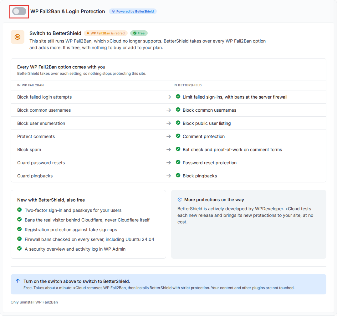 The WP Fail2Ban & Login Protection card on a WP Fail2Ban site: Switch to BetterShield, the option mapping table and the switch in the card header highlighted