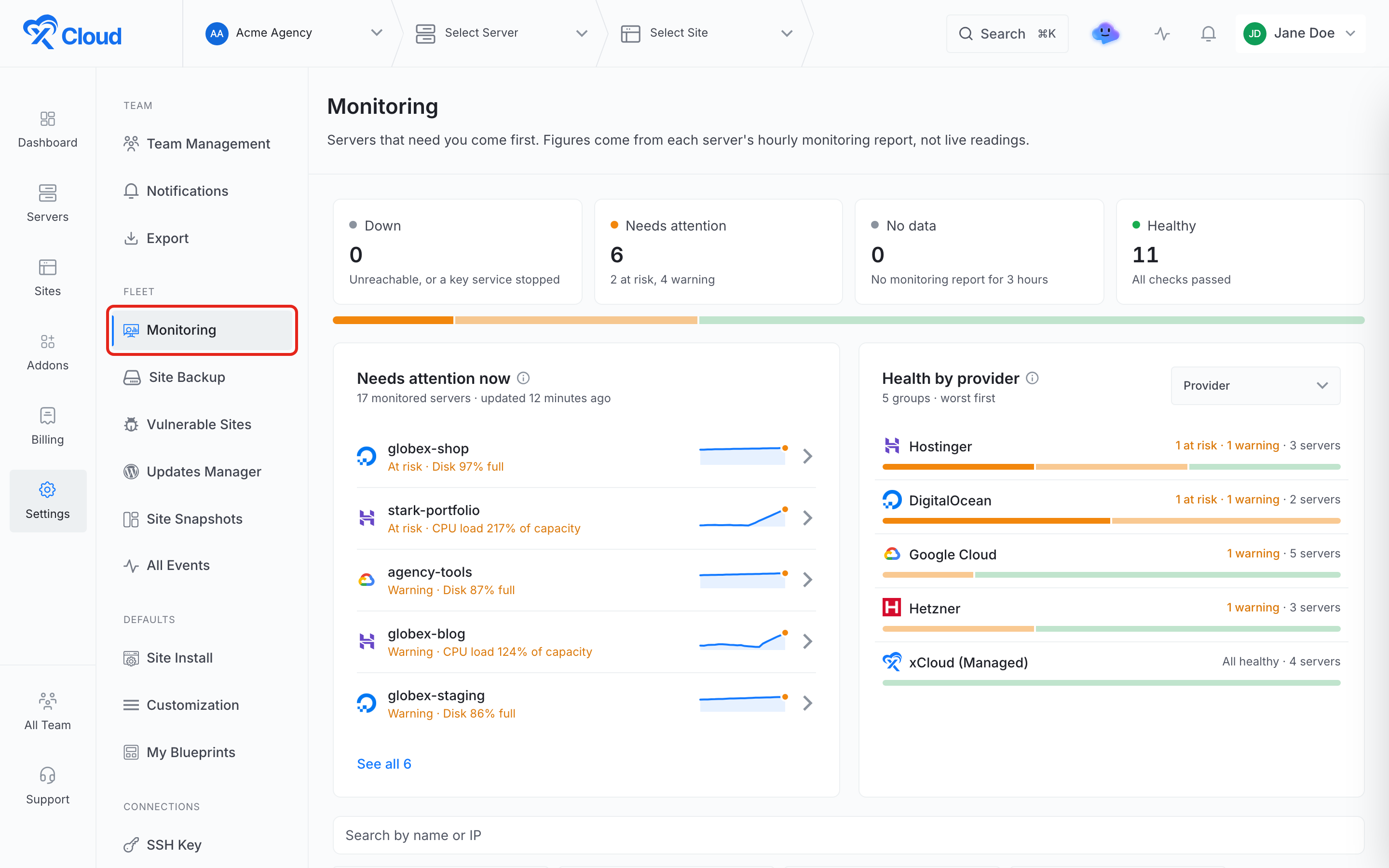 The Monitoring page opened from Settings, Fleet, Monitoring