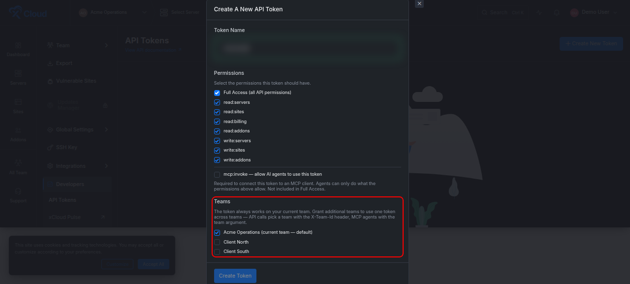 Creating an API token in xCloud with the current team fixed as default and additional teams selected