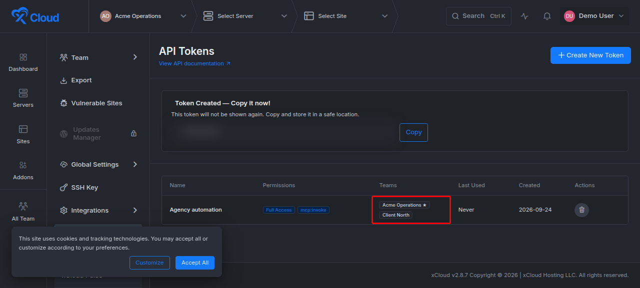 The API Tokens table showing a token’s default team with a star and its additional granted teams