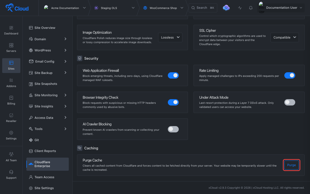 The Cloudflare Enterprise Settings tab with the Purge button on the Purge Cache card highlighted.