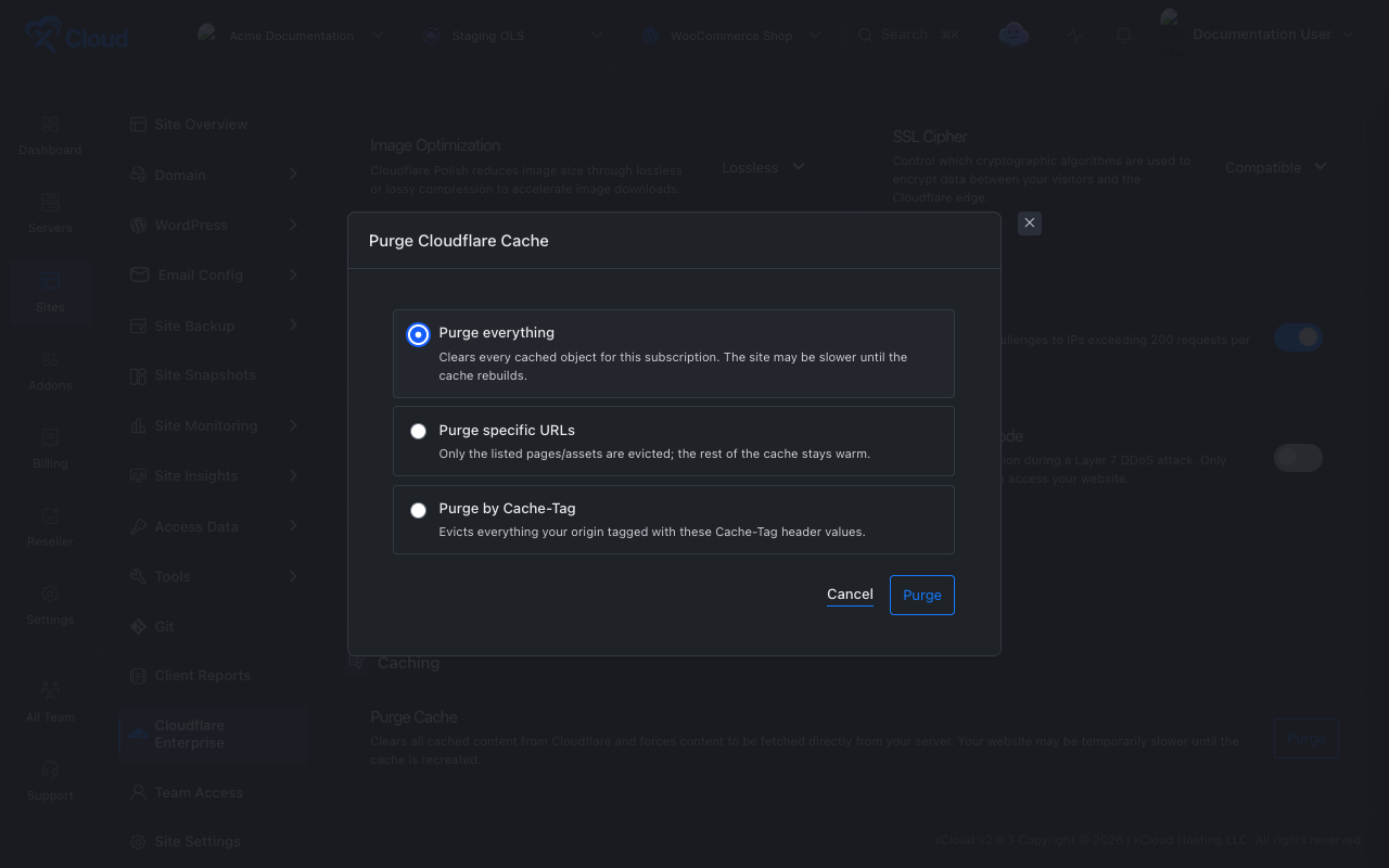 The Purge Cloudflare Cache dialog showing the three purge options.