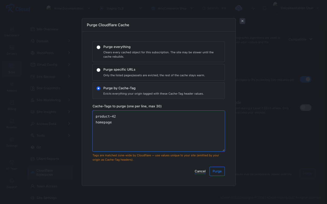 The Cache-Tag option selected with two tags entered.