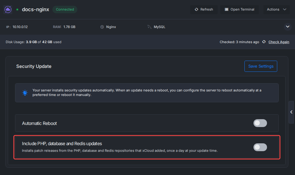 Security Update page in xCloud with the Automatic Reboot toggle and reboot time