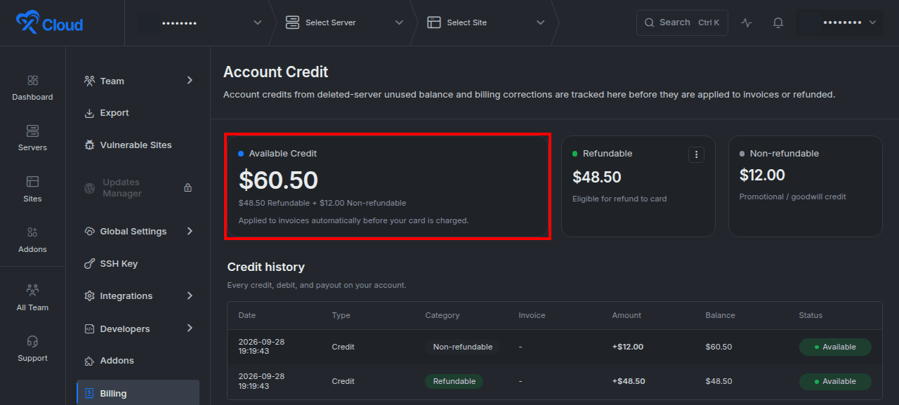 The Available Credit total combines refundable and non-refundable balances, applied to invoices automatically.