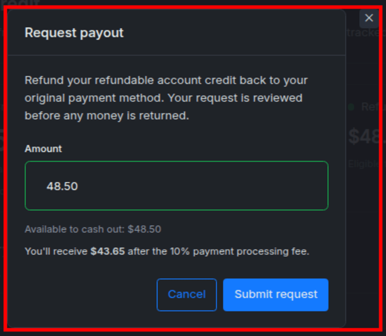 The payout dialog shows the deduction and expected payout before the request is submitted.