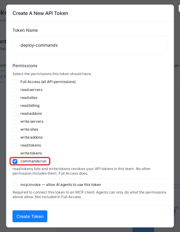 Tick ‘commands:run’ with ‘Full Access’ unticked in the Create A New API Token window