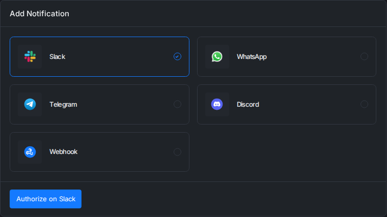 The Add Notification window in xCloud with Slack, WhatsApp, Telegram, Discord and Webhook options