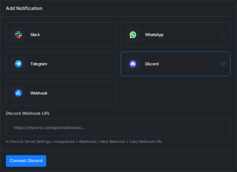 The Discord option selected in xCloud, with the Discord Webhook URL field and the Connect Discord button