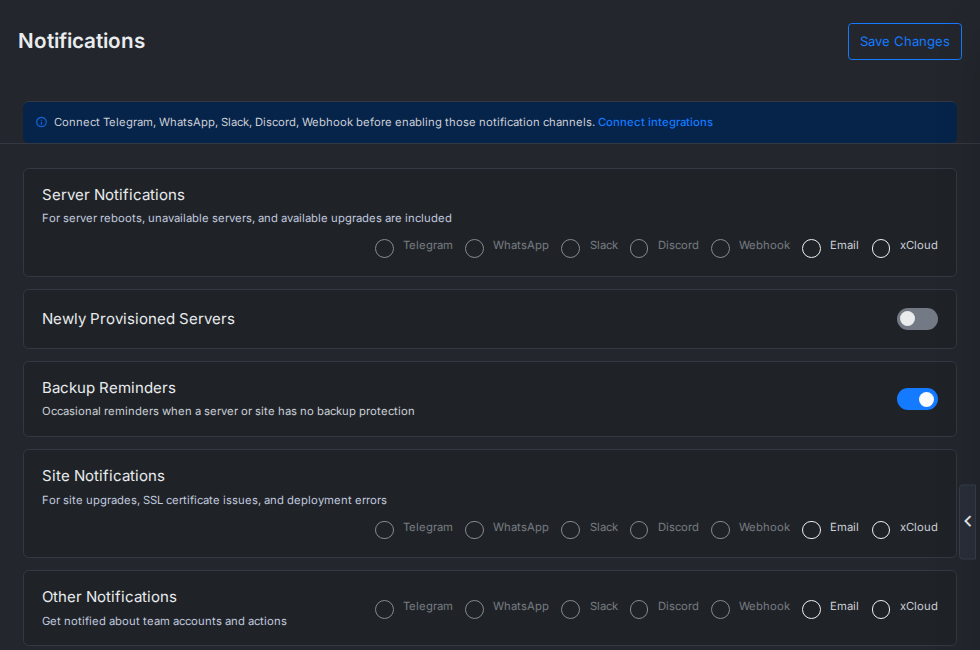 The xCloud Notifications settings page with Discord and Webhook options for server, site and other notifications
