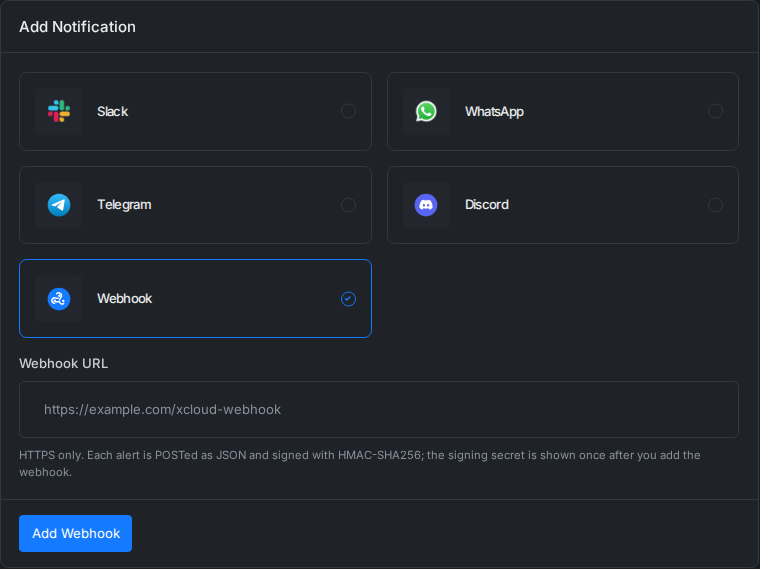 The Webhook option selected in xCloud, with the Webhook URL field and the Add Webhook button