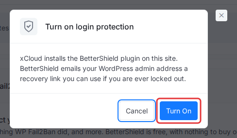 The Turn on login protection window with the Cancel and Turn On buttons, Turn On highlighted