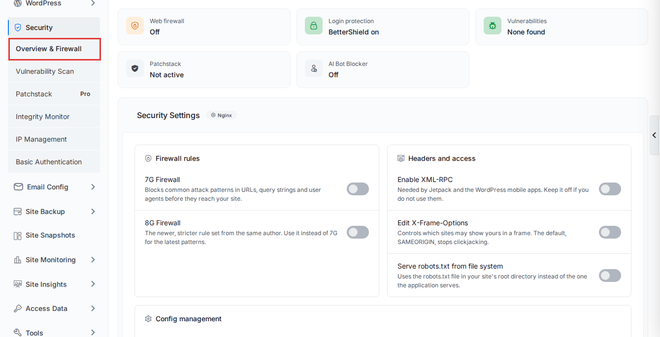 The Security menu of a WordPress site in xCloud, with Overview & Firewall open and the WP Fail2Ban & Login Protection card below Security Settings