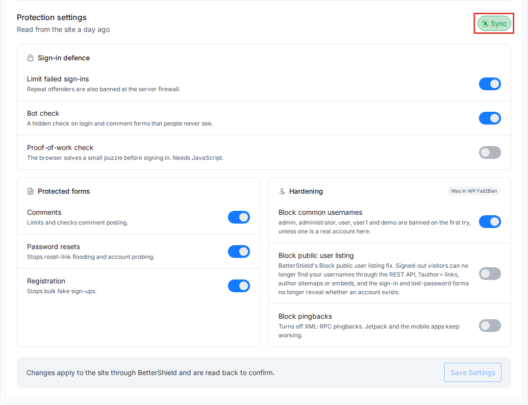 The Protection settings section with the Sign-in defence, Protected forms and Hardening groups, the Sync button and the save bar