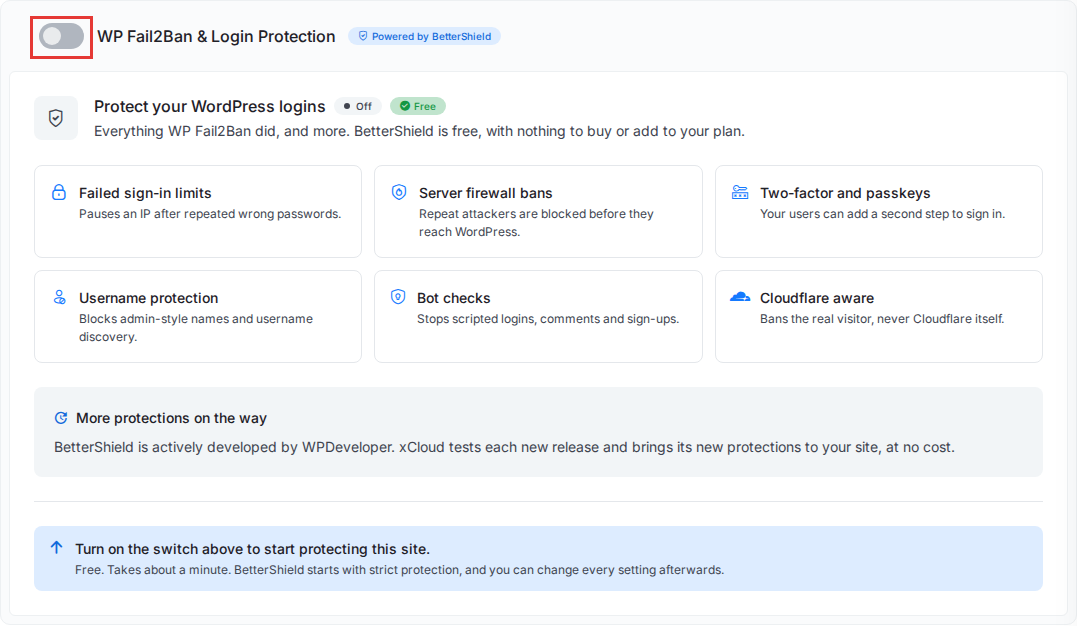 The WP Fail2Ban & Login Protection card while BetterShield is off, with the switch in the card header highlighted