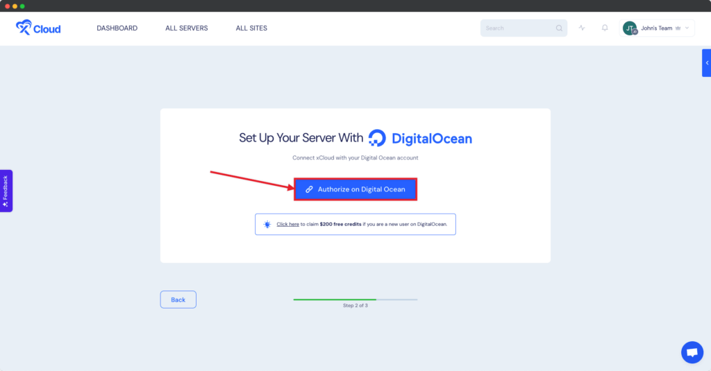 Provision a new DigitalOcean server, click “Authorize” in setup, and grant account access via DigitalOcean.