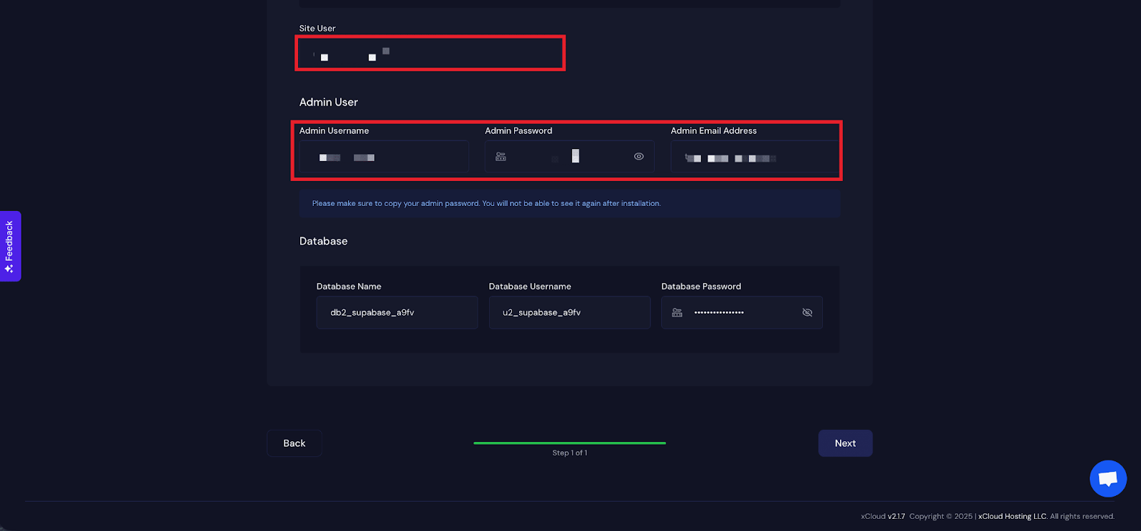 You will get a ‘Site User’ of your application. You can also adjust it according to your preferences or leave it as the default. In the next section, you will get ‘Admin Username’, ‘Admin Password’, and ‘Admin Email Address’.