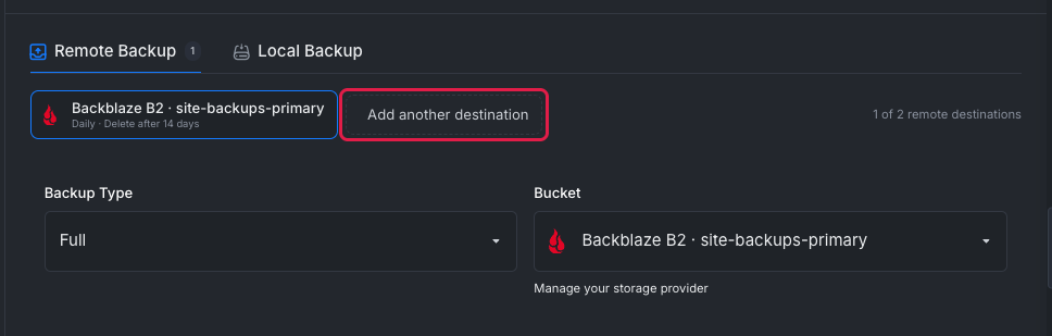 A site with one remote destination; the Add another destination pill is highlighted