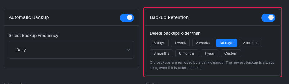 The Automatic Backup and Backup Retention cards; the Delete backups older than presets are highlighted, with 30 days selected
