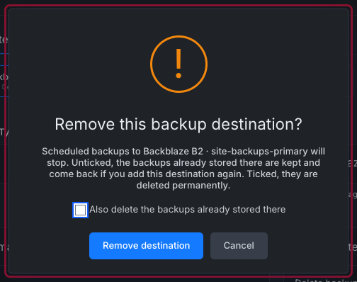 The Remove this backup destination dialog with the Also delete the backups already stored there checkbox