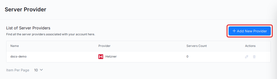 Click ‘Add New Provider’ on the Settings → Integrations → Server Provider page