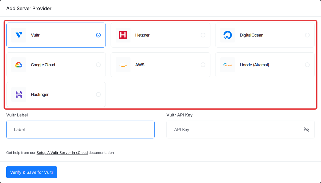 Select a provider in the ‘Add Server Provider’ window