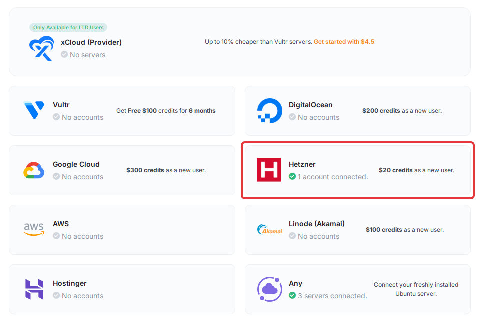 The Hetzner card shows ‘1 account connected’ on the Bring and Manage Your Own Server page