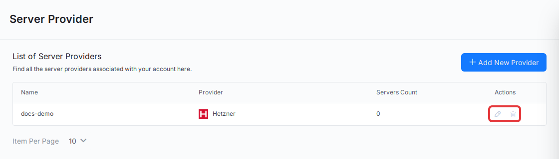 Edit and Remove icons in the Actions column of Server Provider