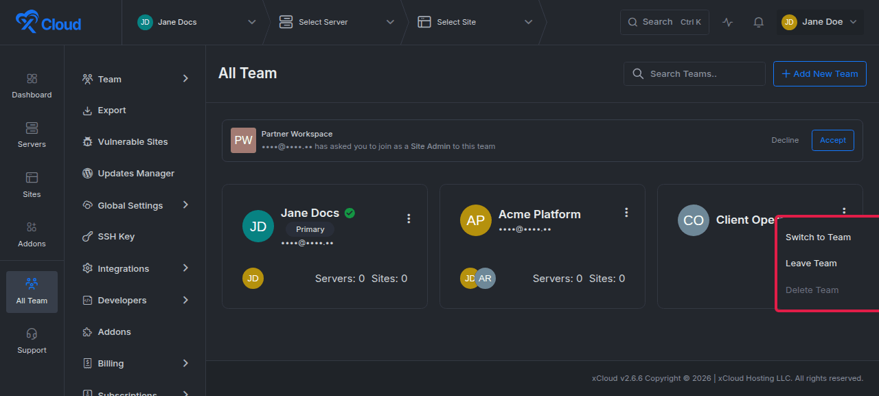 The team menu provides the actions available for that team and your membership.