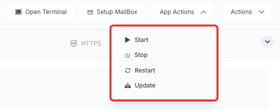 App Actions menu of an xCloud One Click App with Update