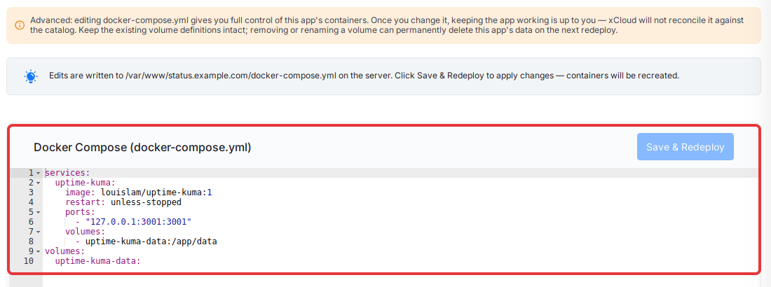 Compose page of an xCloud One Click App with the docker-compose.yml editor and Save & Redeploy