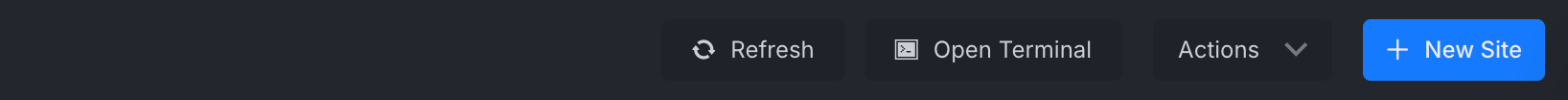 The Refresh, Open Terminal, Actions and New Site buttons at the top of a server page in xCloud
