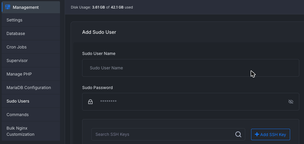The Add Sudo User form under Management, Sudo Users, with the Sudo User Name, Sudo Password and SSH key fields