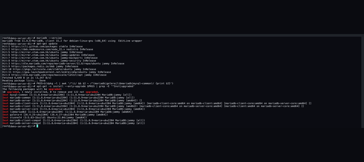 Animated walkthrough: opening the xCloud terminal, previewing the update, backing up, updating MariaDB from 11.8.6 to 11.8.9 and checking the result