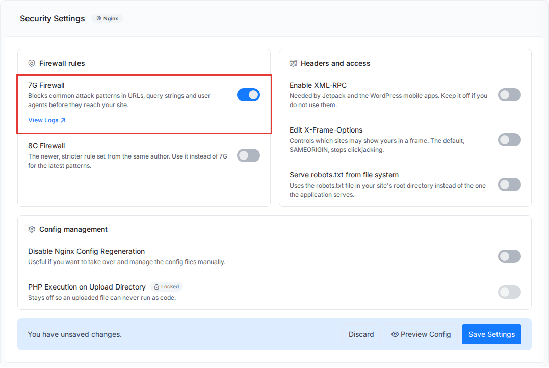 Firewall rules group with 7G Firewall turned on and the save bar showing unsaved changes