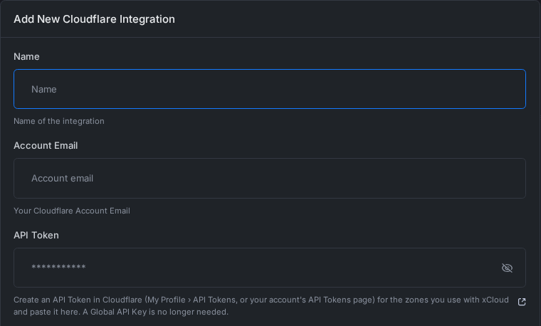 The Add New Cloudflare Integration form with the Name, Account Email and API Token fields